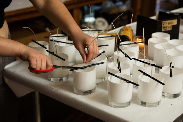 Hands preparing soy candle wicks in glass jars during candle-making process